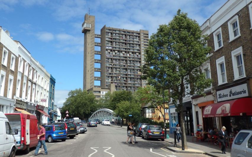 Ernö Goldfinger's Trellick Tower (built between 1966 and 1972) at the end of Golborne Road – now widely considered a modernist masterpiece, but for years having a reputation for crime.
